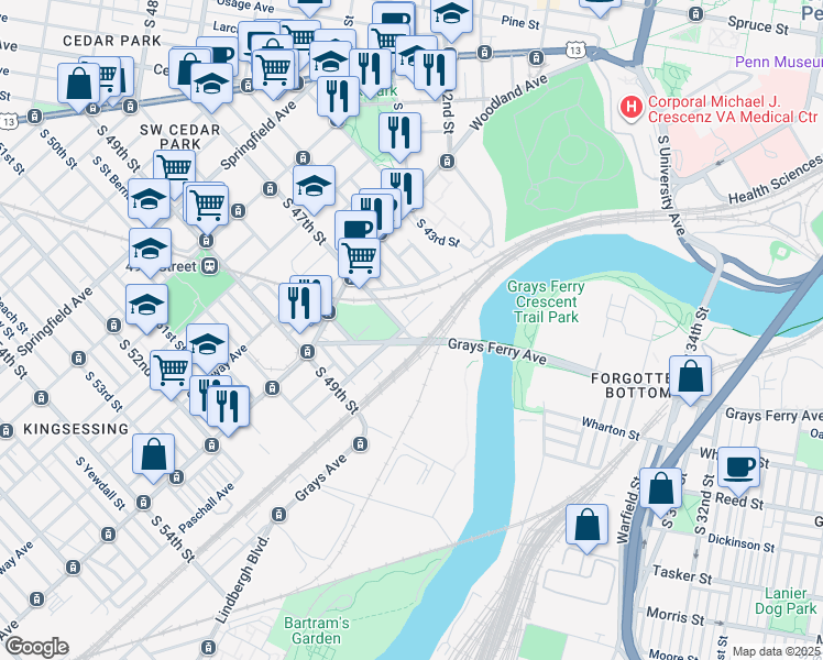 map of restaurants, bars, coffee shops, grocery stores, and more near 1507 South 47th Street in Philadelphia