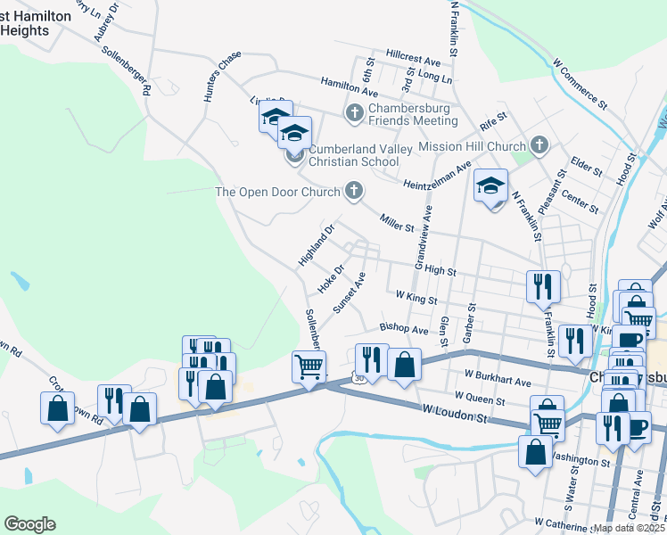 map of restaurants, bars, coffee shops, grocery stores, and more near 803 Middle Drive in Chambersburg