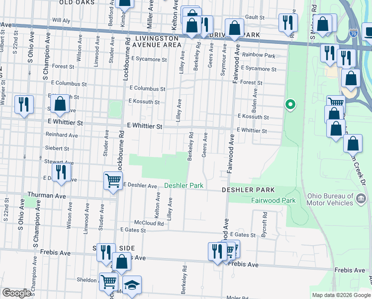 map of restaurants, bars, coffee shops, grocery stores, and more near 1198 Berkeley Road in Columbus