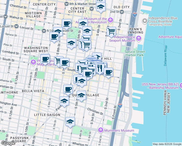 map of restaurants, bars, coffee shops, grocery stores, and more near South Street & South 4th Street in Philadelphia