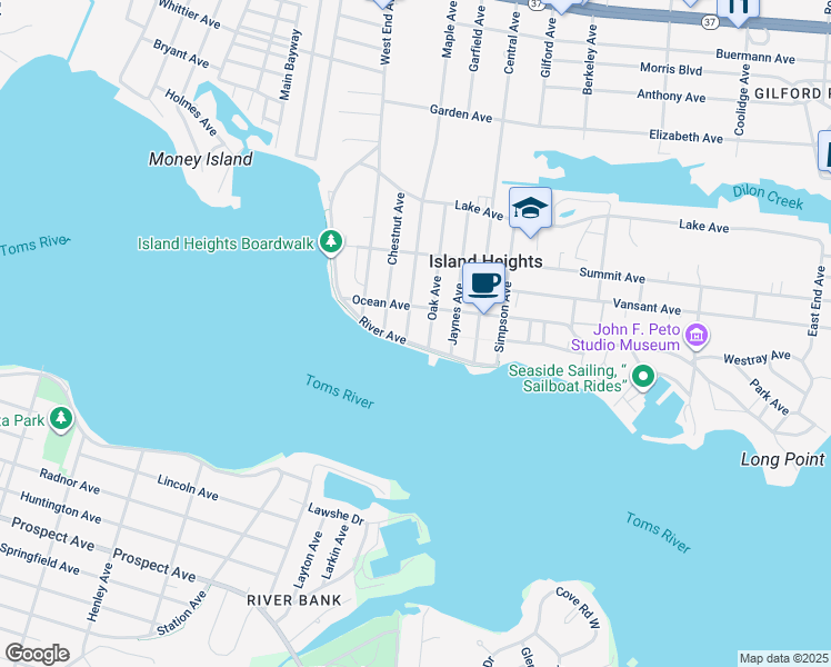 map of restaurants, bars, coffee shops, grocery stores, and more near 56 River Avenue in Island Heights