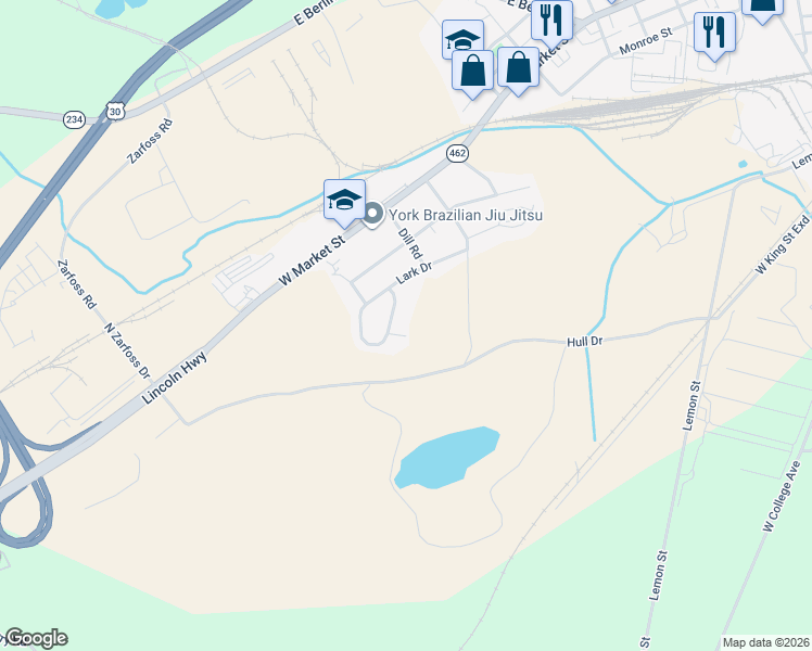 map of restaurants, bars, coffee shops, grocery stores, and more near 3125 Canary Court in York