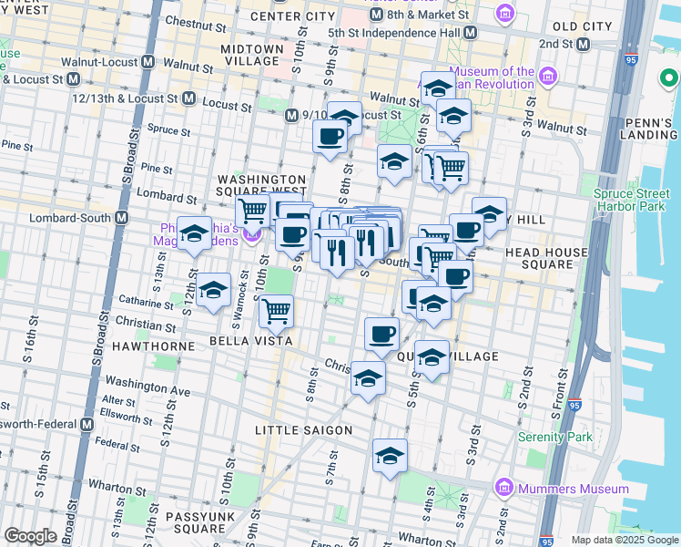 map of restaurants, bars, coffee shops, grocery stores, and more near 739 Bainbridge Street in Philadelphia