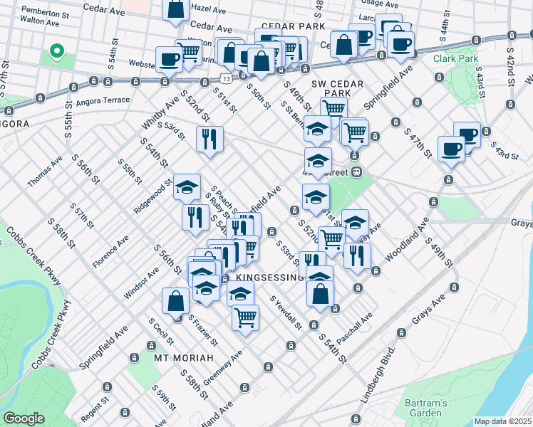 map of restaurants, bars, coffee shops, grocery stores, and more near 1214 South Wilton Street in Philadelphia
