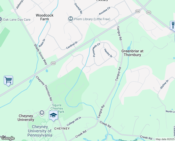 map of restaurants, bars, coffee shops, grocery stores, and more near 17 Newberry Court in Glen Mills