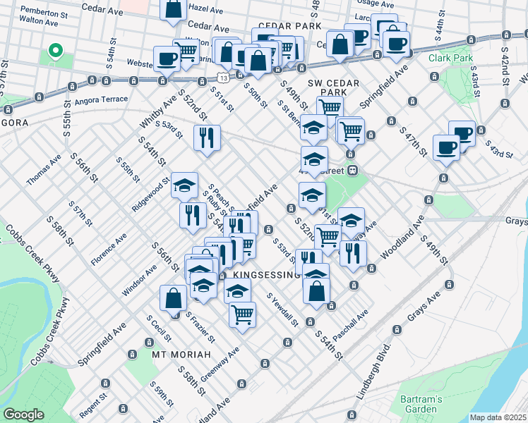 map of restaurants, bars, coffee shops, grocery stores, and more near 1214 South Wilton Street in Philadelphia