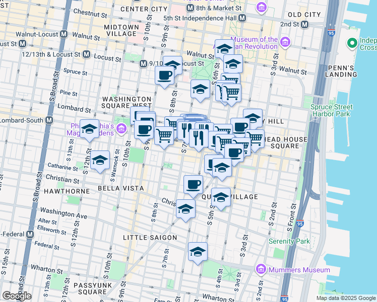 map of restaurants, bars, coffee shops, grocery stores, and more near 636 Kater Street in Philadelphia