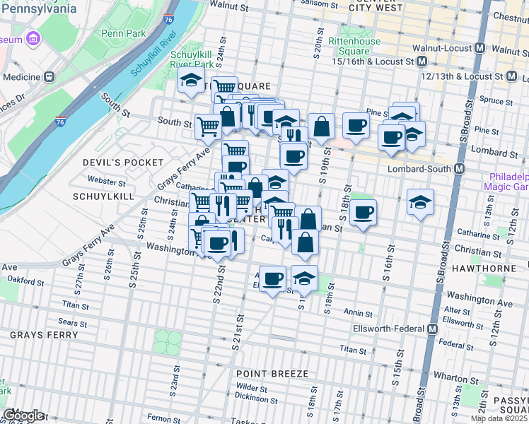 map of restaurants, bars, coffee shops, grocery stores, and more near 2045 Christian Street in Philadelphia