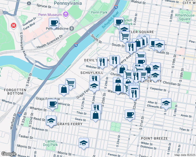 map of restaurants, bars, coffee shops, grocery stores, and more near 2555 Carpenter Street in Philadelphia