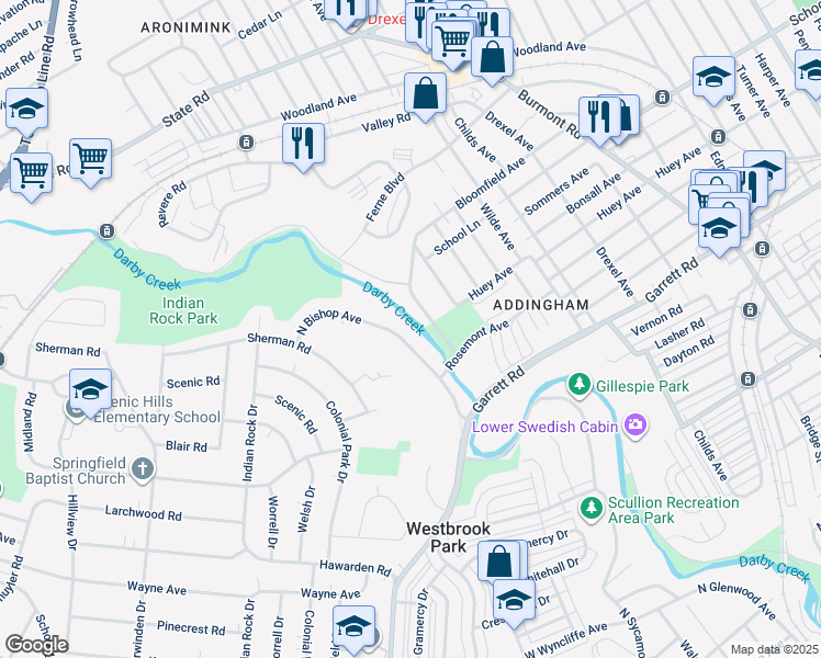 map of restaurants, bars, coffee shops, grocery stores, and more near 625 North Bishop Avenue in Springfield