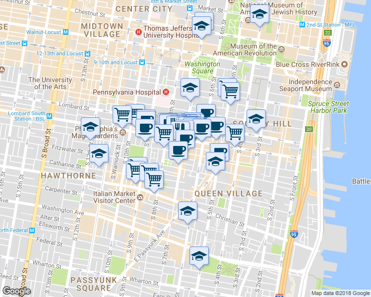 map of restaurants, bars, coffee shops, grocery stores, and more near 636 Kater Street in Philadelphia