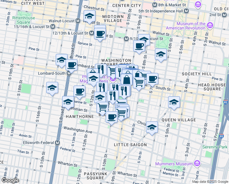 map of restaurants, bars, coffee shops, grocery stores, and more near 708 South 10th Street in Philadelphia