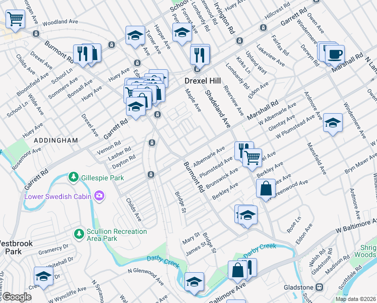 map of restaurants, bars, coffee shops, grocery stores, and more near 312 Edmonds Avenue in Drexel Hill