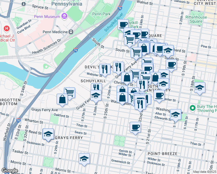 map of restaurants, bars, coffee shops, grocery stores, and more near 924 South 25th Street in Philadelphia
