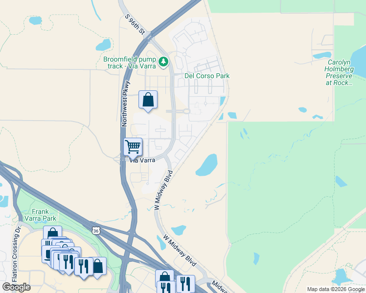 map of restaurants, bars, coffee shops, grocery stores, and more near 13472 Via Varra in Broomfield