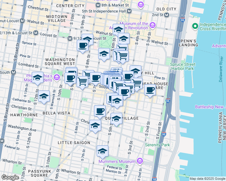 map of restaurants, bars, coffee shops, grocery stores, and more near 512 South Street in Philadelphia