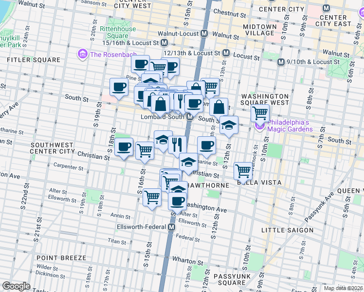 map of restaurants, bars, coffee shops, grocery stores, and more near in Philadelphia