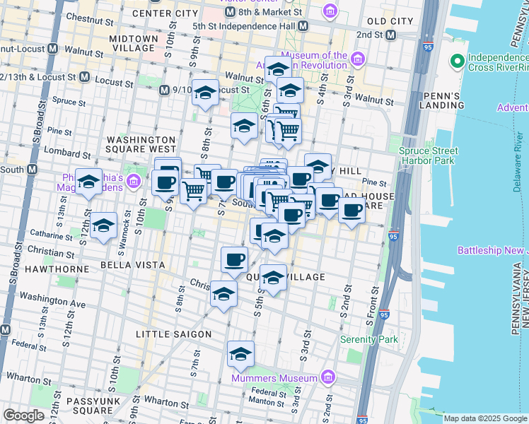 map of restaurants, bars, coffee shops, grocery stores, and more near 514 South Street in Philadelphia