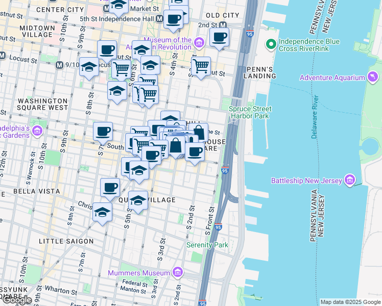 map of restaurants, bars, coffee shops, grocery stores, and more near 200-10 Lombard Street in Philadelphia