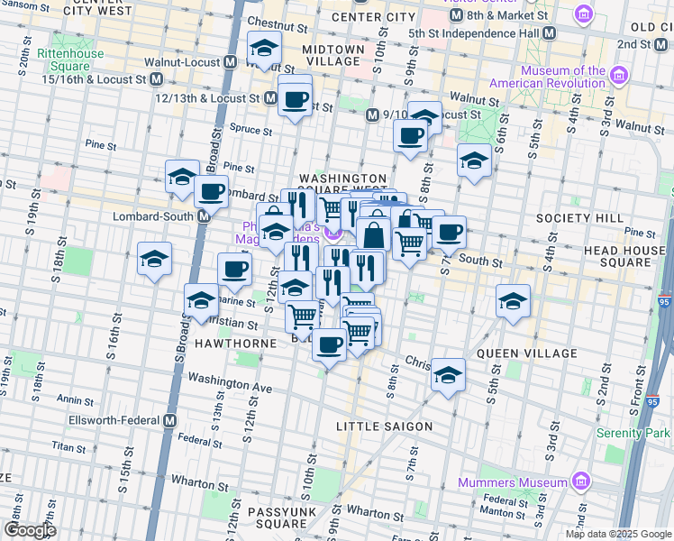 map of restaurants, bars, coffee shops, grocery stores, and more near 708 South 10th Street in Philadelphia