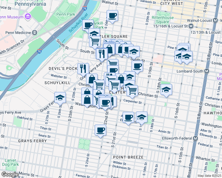 map of restaurants, bars, coffee shops, grocery stores, and more near S 22nd St & Christian St in Philadelphia