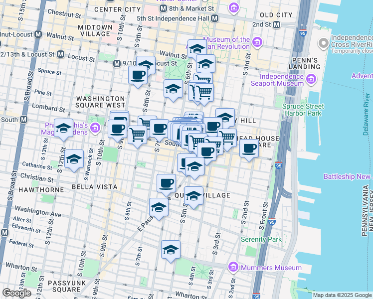 map of restaurants, bars, coffee shops, grocery stores, and more near 514 South Street in Philadelphia
