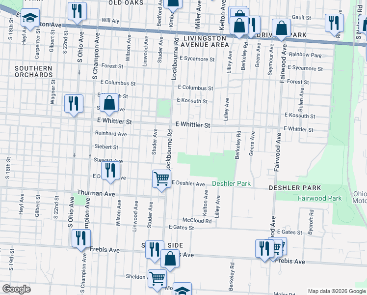 map of restaurants, bars, coffee shops, grocery stores, and more near 1176 Miller Avenue in Columbus