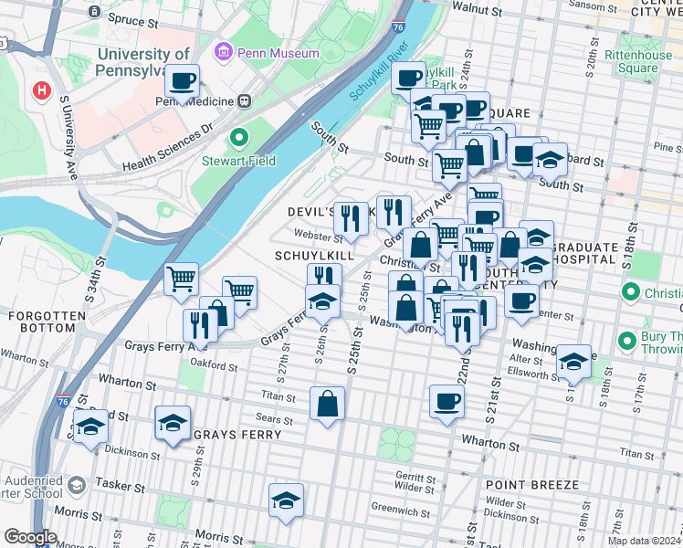 map of restaurants, bars, coffee shops, grocery stores, and more near 2546 Grays Ferry Avenue in Philadelphia
