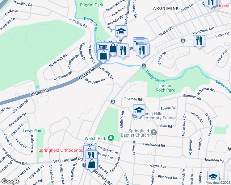 map of restaurants, bars, coffee shops, grocery stores, and more near 327 North Rolling Road in Springfield