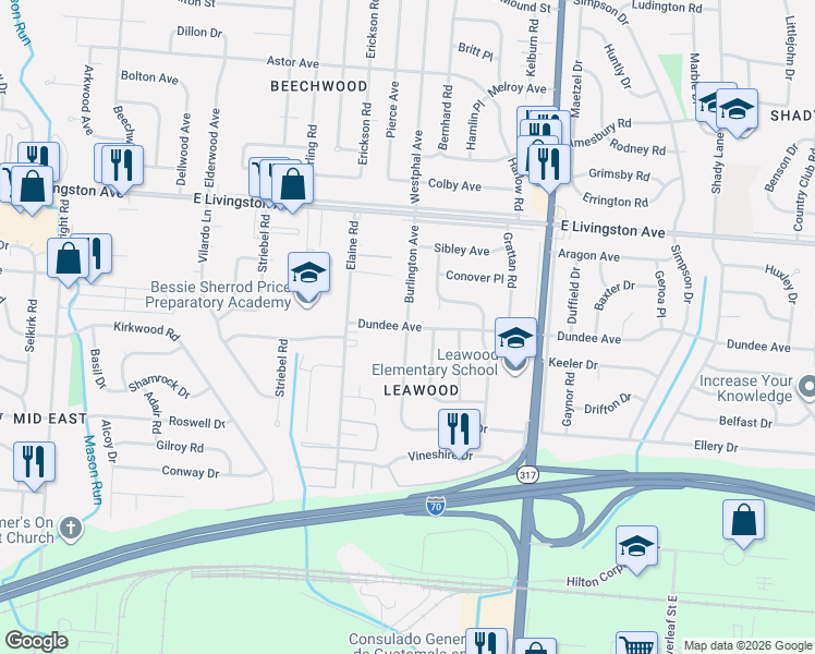 map of restaurants, bars, coffee shops, grocery stores, and more near 4147 Dundee Avenue in Columbus