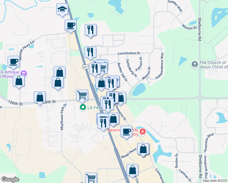 map of restaurants, bars, coffee shops, grocery stores, and more near 4000 West 106th Street in Carmel