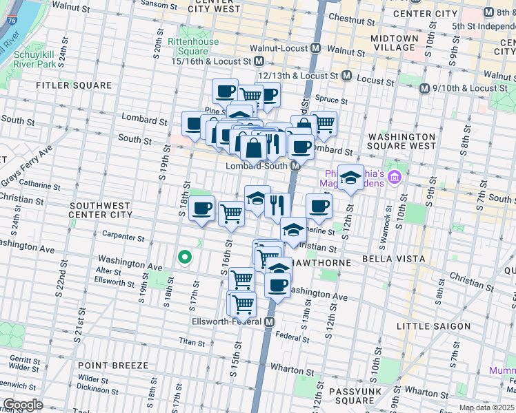 map of restaurants, bars, coffee shops, grocery stores, and more near 750 South 15th Street in Philadelphia