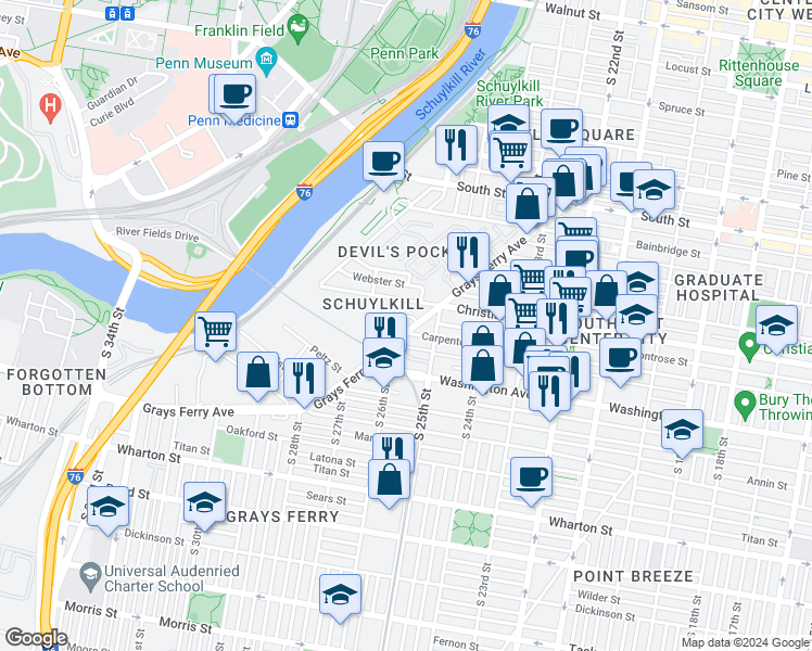 map of restaurants, bars, coffee shops, grocery stores, and more near 2546 Grays Ferry Avenue in Philadelphia
