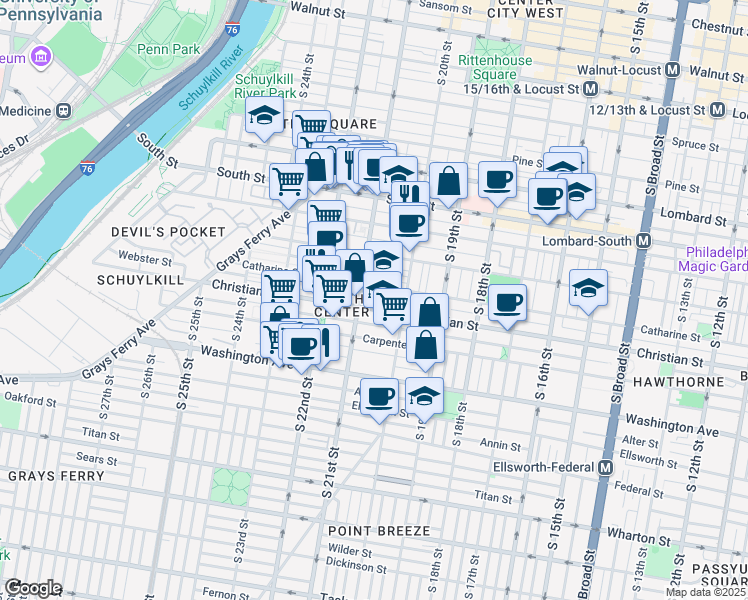 map of restaurants, bars, coffee shops, grocery stores, and more near in Philadelphia