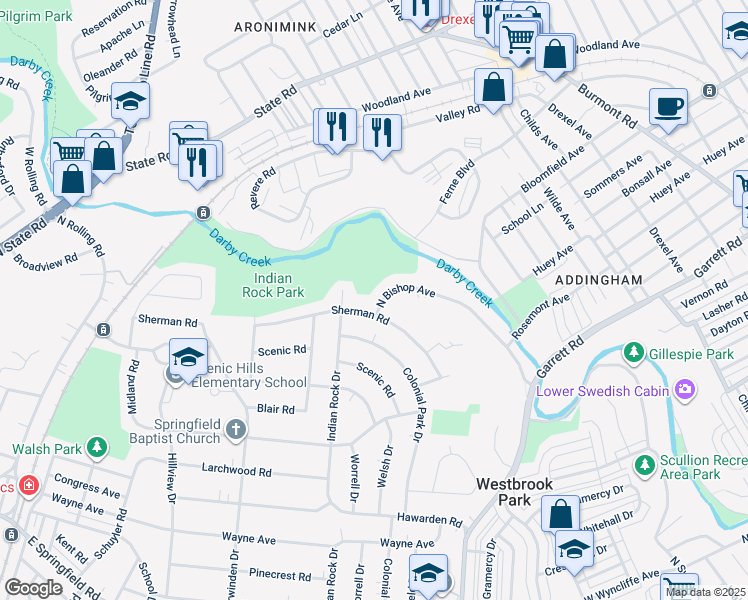 map of restaurants, bars, coffee shops, grocery stores, and more near 689 North Bishop Avenue in Springfield