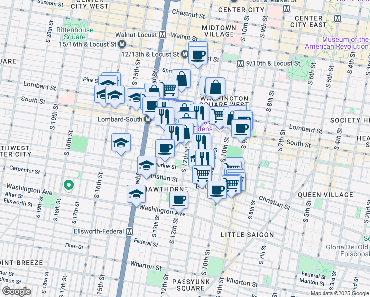 map of restaurants, bars, coffee shops, grocery stores, and more near 712 South 12th Street in Philadelphia