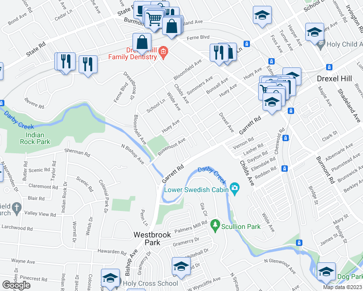 map of restaurants, bars, coffee shops, grocery stores, and more near 420 Blythe Avenue in Upper Darby