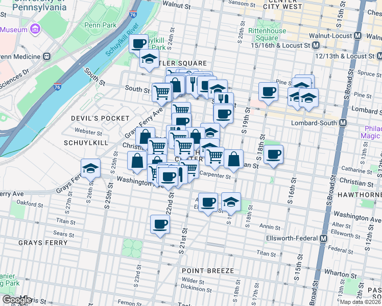 map of restaurants, bars, coffee shops, grocery stores, and more near 2115 Christian Street in Philadelphia