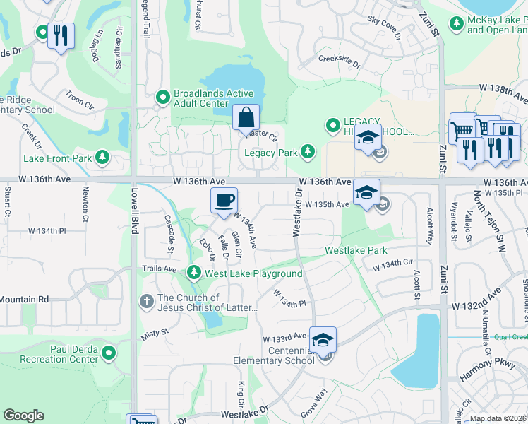 map of restaurants, bars, coffee shops, grocery stores, and more near 3215 West 135th Avenue in Broomfield