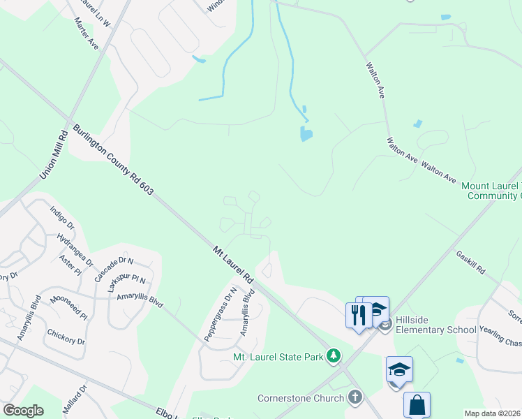 map of restaurants, bars, coffee shops, grocery stores, and more near Hope Court in Mount Laurel