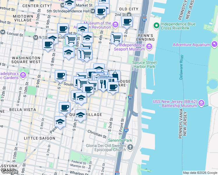 map of restaurants, bars, coffee shops, grocery stores, and more near in Philadelphia