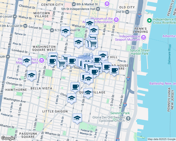 map of restaurants, bars, coffee shops, grocery stores, and more near 517 South Randolph Street in Philadelphia