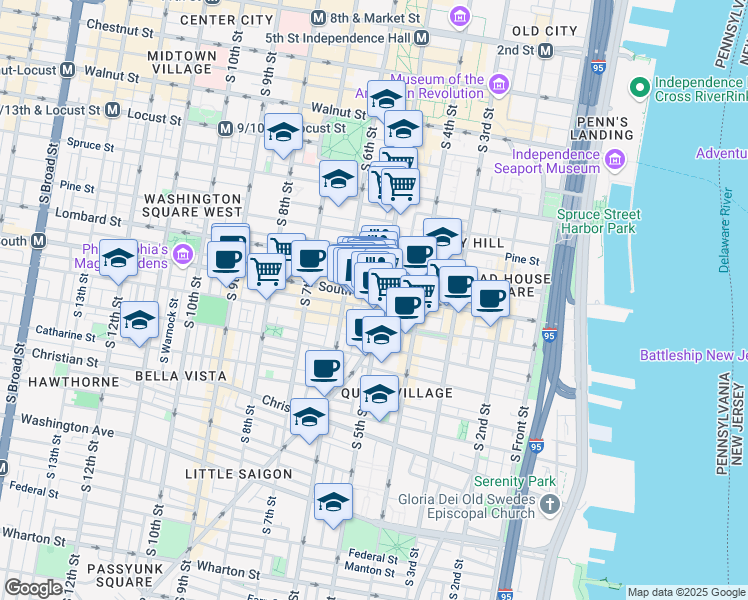 map of restaurants, bars, coffee shops, grocery stores, and more near 517 South Randolph Street in Philadelphia