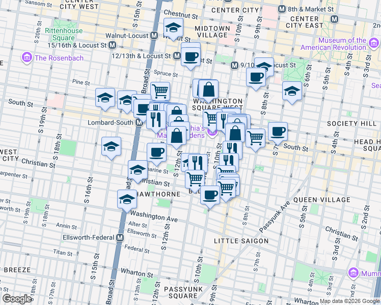 map of restaurants, bars, coffee shops, grocery stores, and more near 704 South 11th Street in Philadelphia