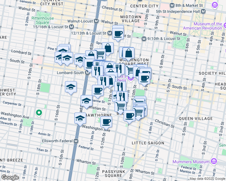 map of restaurants, bars, coffee shops, grocery stores, and more near 711 South 12th Street in Philadelphia