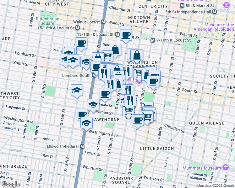 map of restaurants, bars, coffee shops, grocery stores, and more near 711 South 12th Street in Philadelphia