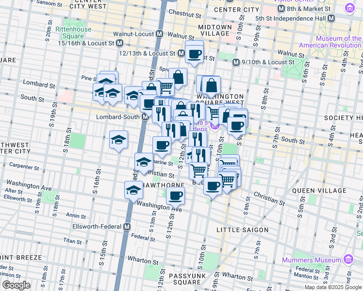 map of restaurants, bars, coffee shops, grocery stores, and more near 711 South 12th Street in Philadelphia
