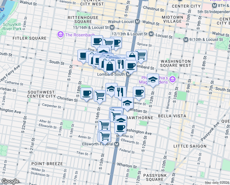 map of restaurants, bars, coffee shops, grocery stores, and more near 1510 Fitzwater Street in Philadelphia