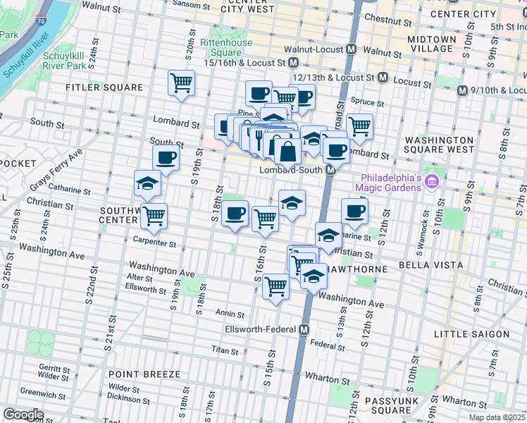 map of restaurants, bars, coffee shops, grocery stores, and more near 742 South 16th Street in Philadelphia