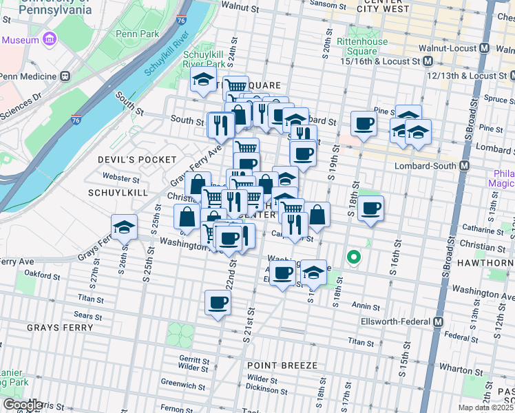map of restaurants, bars, coffee shops, grocery stores, and more near in Philadelphia